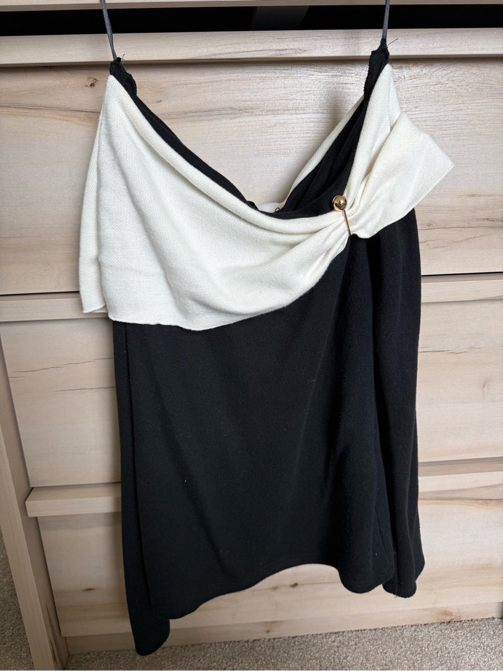 Black and Cream Draped top with Gold Accent